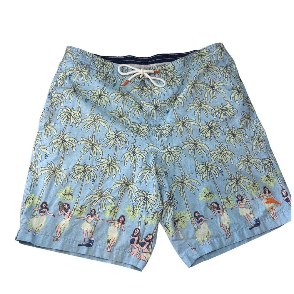 Tommy‎ Bahama Mens Blue Hula Girl Hawaiian Swim Board Shorts Large Mesh Lined